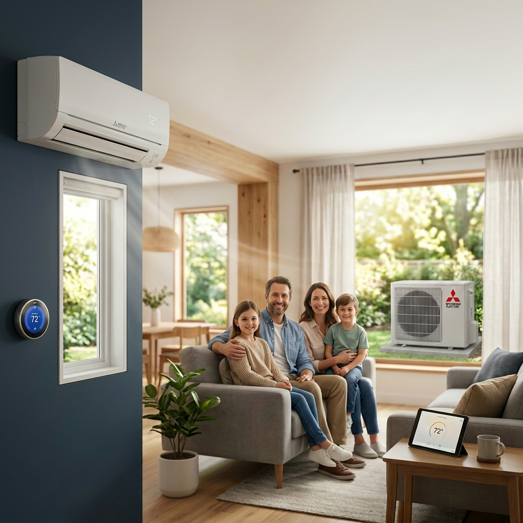 Living room with wall-mounted air conditioner, smart thermostat, and tablet displaying temperature set to 72 degrees
